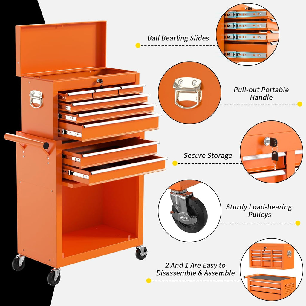 On Shine 8 Drawer Rolling Tool Chest, Large Capacity Rolling Tool Box with Wheels, Locking Mechanical Tool Chest, Portable Tool Box with Sliding Drawers for Garage Workshop and Tool Room (Orange)
