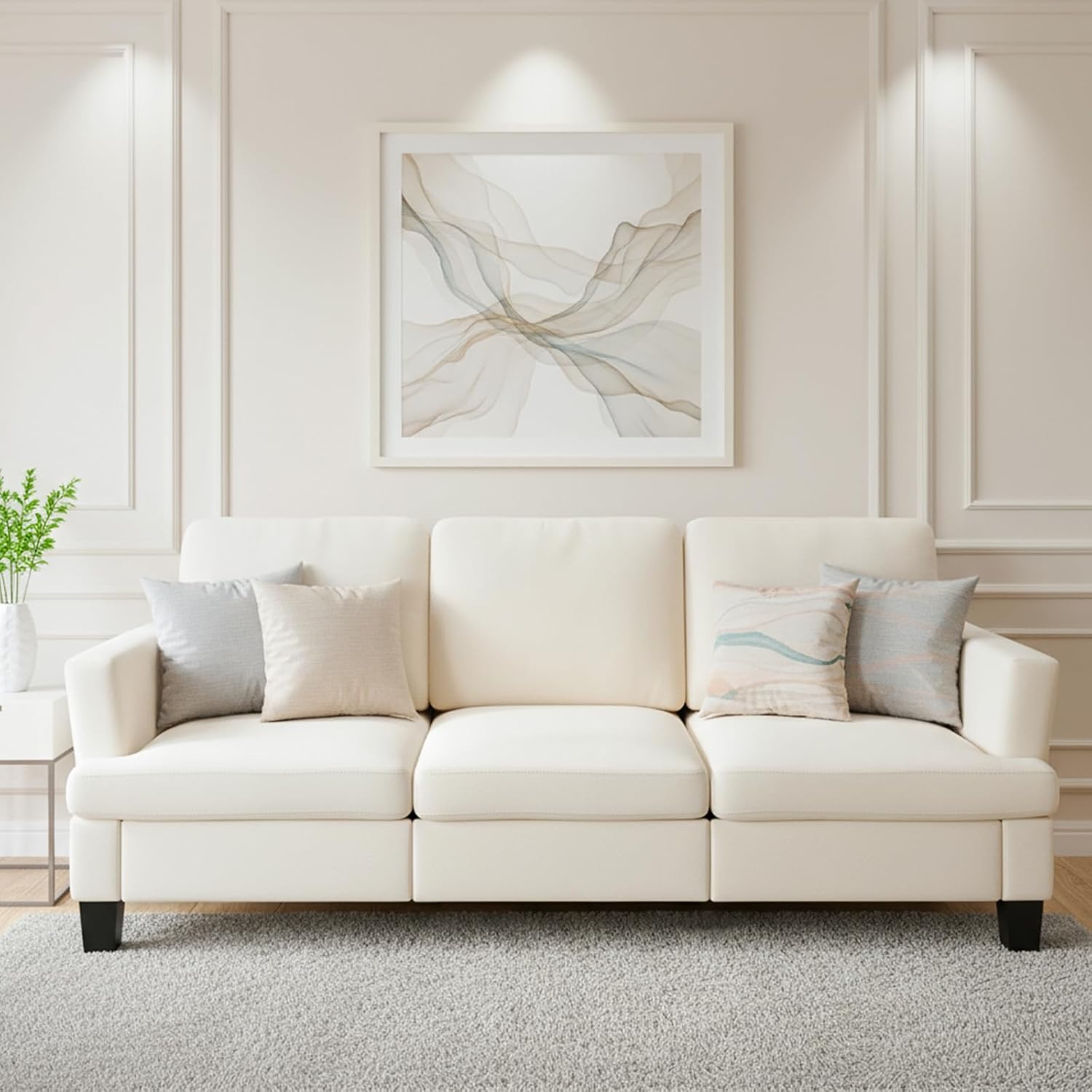 3 Seater Couch, 84' Comfy Linen Fabric Sofa with Deep Seat for Living Room, Modern Beige Sofa Couches for Bedroom, Apartment and Office (No Pillow)