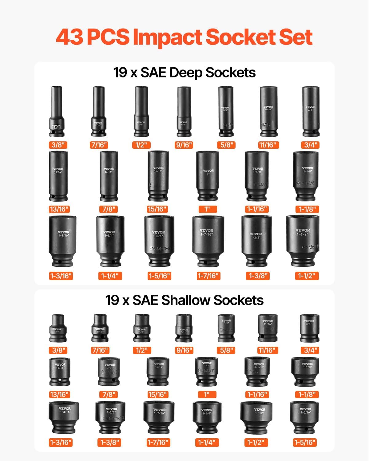 VEVOR Impact Socket Set 1/2' Socket Set 43 Piece Deep & Shallow SAE 3/8' to 1-1/2', 6 Point Cr-Mo Alloy Steel for Auto Repair, Easy-to-Read Size Markings, Rugged Construction, Storage Case