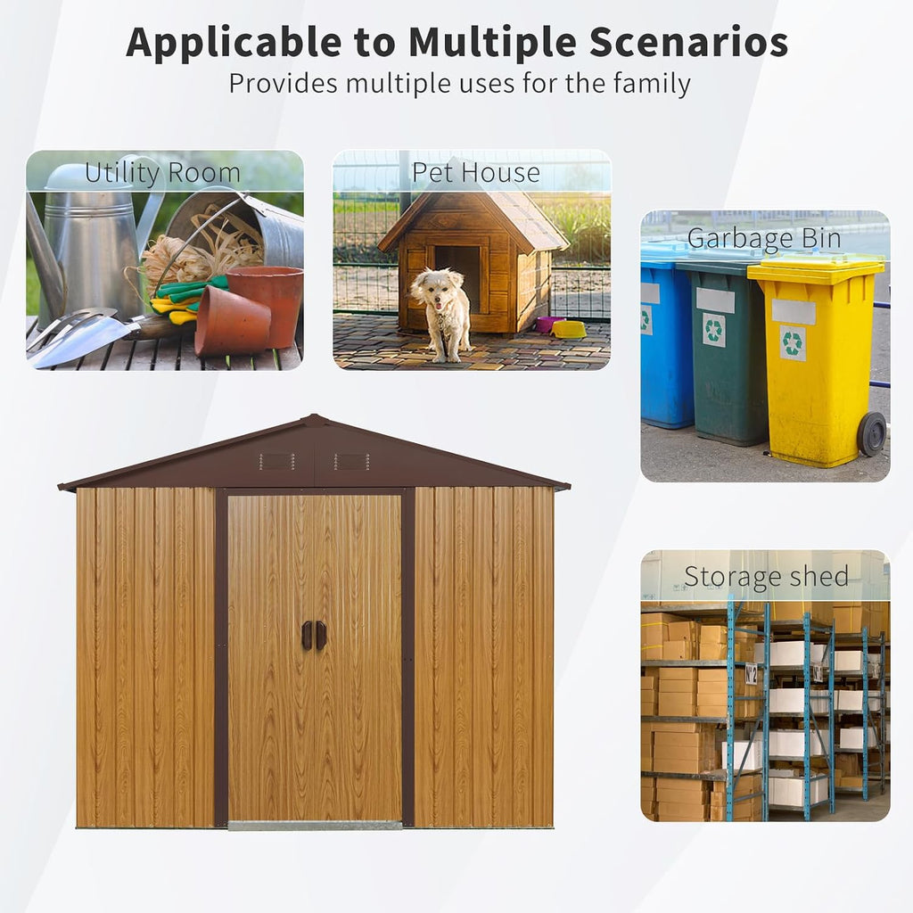 8 X 4 FT Outdoor Storage Shed Large Metal Utility Tool Sheds with Floor Frame Vertical Outside Storage Building with Sliding Door for Backyard Garden Patio Lawn, Coffee