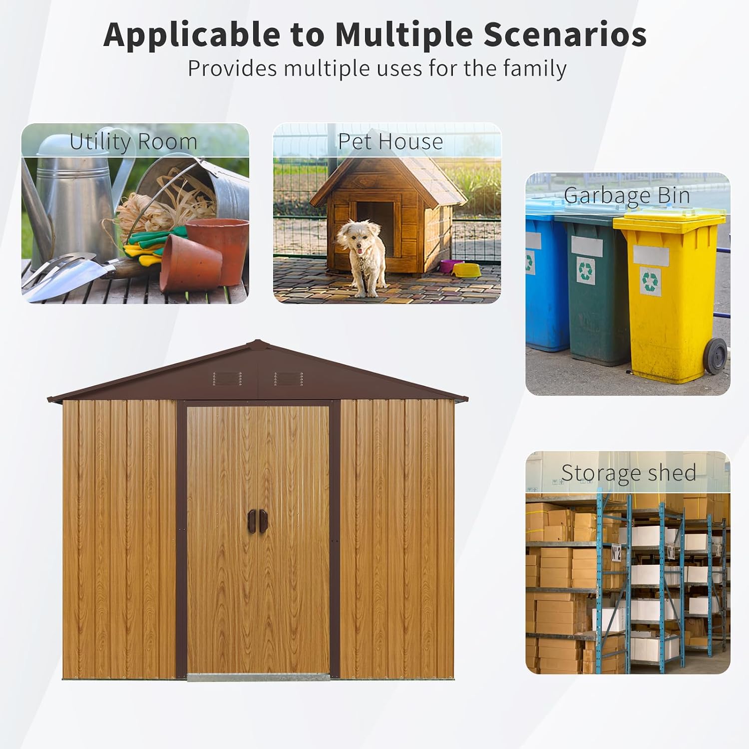 8 X 4 FT Outdoor Storage Shed Large Metal Utility Tool Sheds with Floor Frame Vertical Outside Storage Building with Sliding Door for Backyard Garden Patio Lawn, Coffee