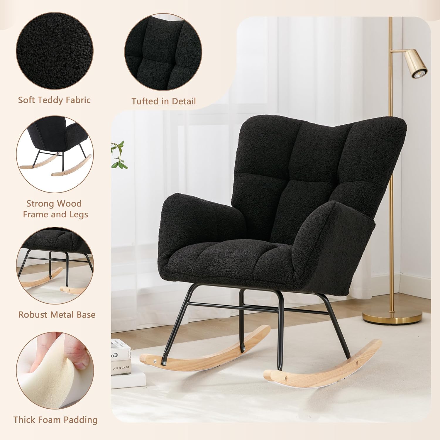 Setawix Teddy Fabric Rocking Accent Chair,Mid Century Modern Rocking Glider Armchair,Leisure Tufted Rocker Arm Chair for Nursery,Bedroom,Living Room (Teddy Black, 27.6')