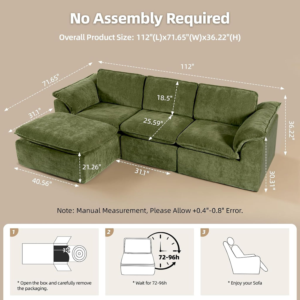 HALLYBEE 112' Cloud Couch Sectional with Padded Armrests & Moveable Ottoman Boneless Sectional Couches for Living Room Green Couch, No Assembly Required