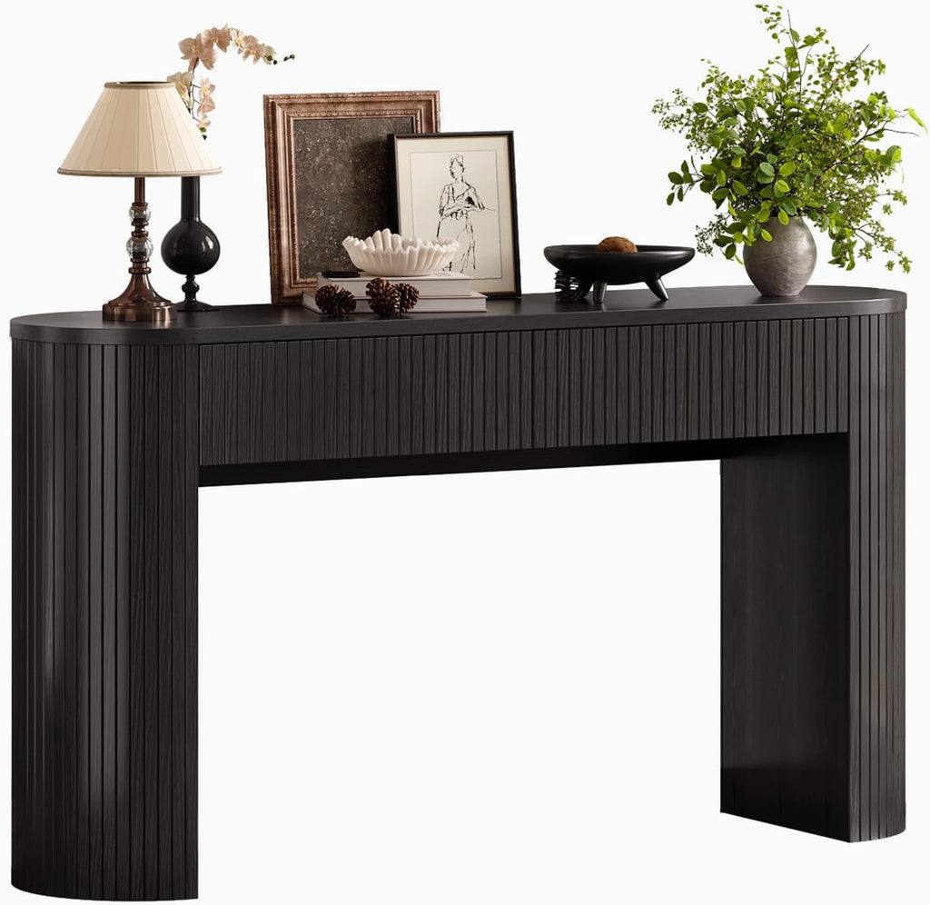 55 Inch Console Table with 2 Drawers, Fluted Entryway Tables with Storage, Sofa Table Behind The Couch, Hallway Tables, Mid-Century Modern Foyer Table for Entryway, Hallway, Living Room, Black