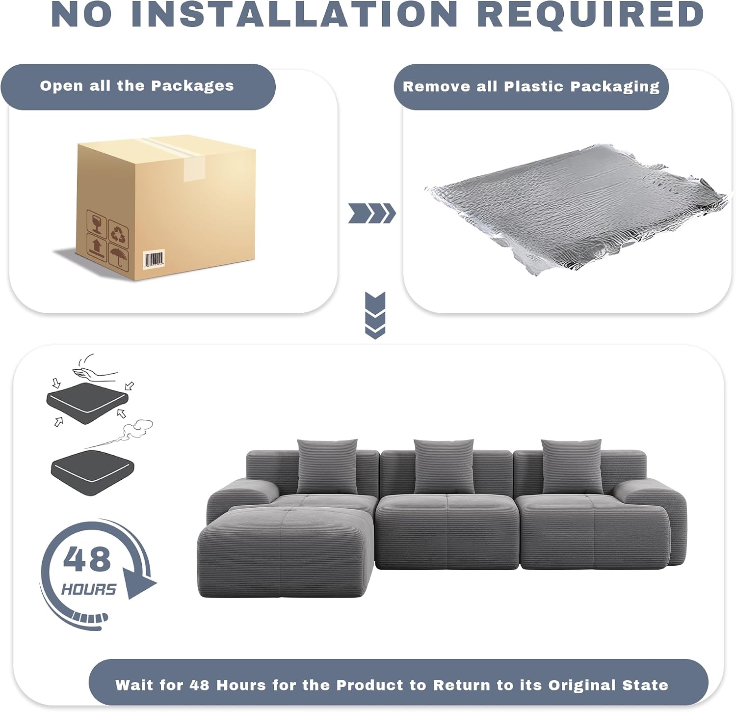 107' Cloud Modular Sectional Couch,Boneless Sofa with Ottman,L-Shape Upholstered Sofas with Deep Seat,Modern Cozy Corduroy Couches with Memory Foam,No Assembly Required (Dark Grey)