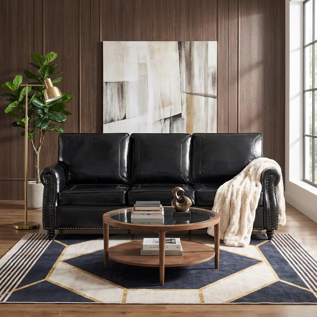 Kingfun Mid-Century Modern Couch, Faux Leather Sofa, 3 Seater Couch for Living Room with Rolled arms & Nailhead Trim, Black