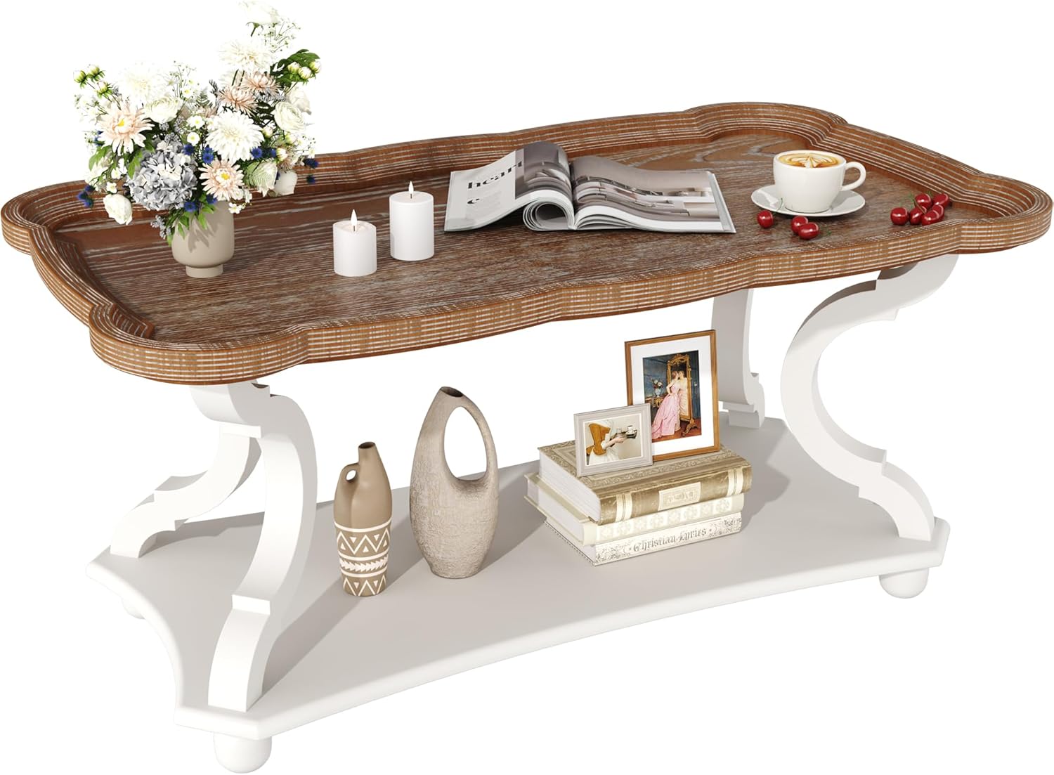 Function Home Farmhouse Coffee Table, 2-Tier Center Table with Storage Shelf, 39.8' French Country Rectangle Accent Table with Natural Tray Top and Curved Legs for Living Room Balcony, Vintage White