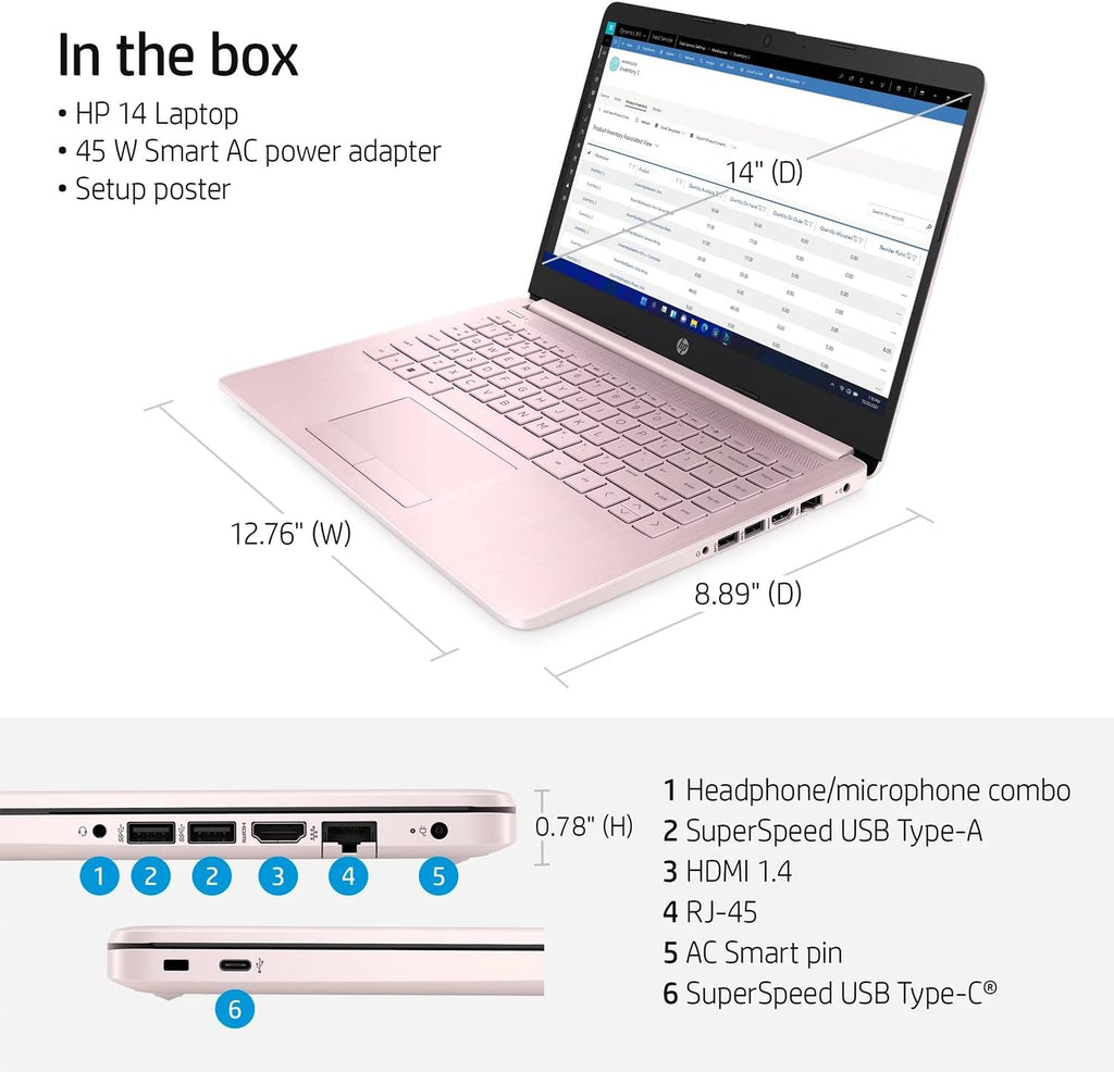 HP Portable Laptop (Include 1 Year Microsoft 365), 14'' HD Display, 8GB RAM, 64GB eMMC, Intel Quad-Core N4120, Student and Business, Webcam, HDMI, Wi-Fi, RJ-45, Windows 11 Home, Pink