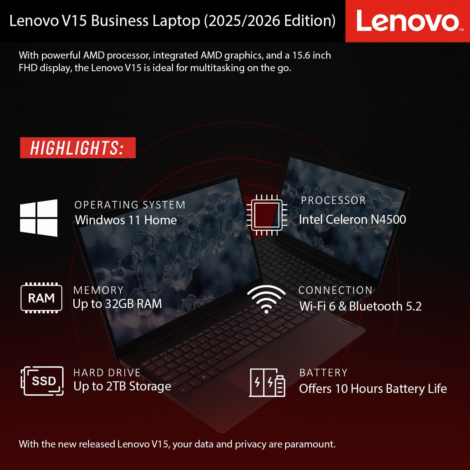 Lenovo New V15 Business Laptop 2025/2026 Edition, 15.6' FHD Display, Intel High-Performance CPU, 16GB RAM, 256GB SSD, Windows 11 with Microsoft Office, Ultra-Quiet Design, Long Battery Life, WOWPC