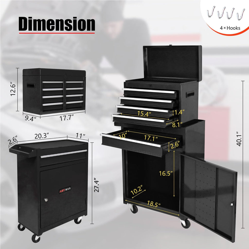 5-Drawer Tool Chest, Rolling Tool Box with Detachable Top Toolbox & Universal Wheels, Tool Cabinet with Lock Bar, Protective Liner & Tool Rack, Metal Storage Cart for Garage,Workshop (Black)