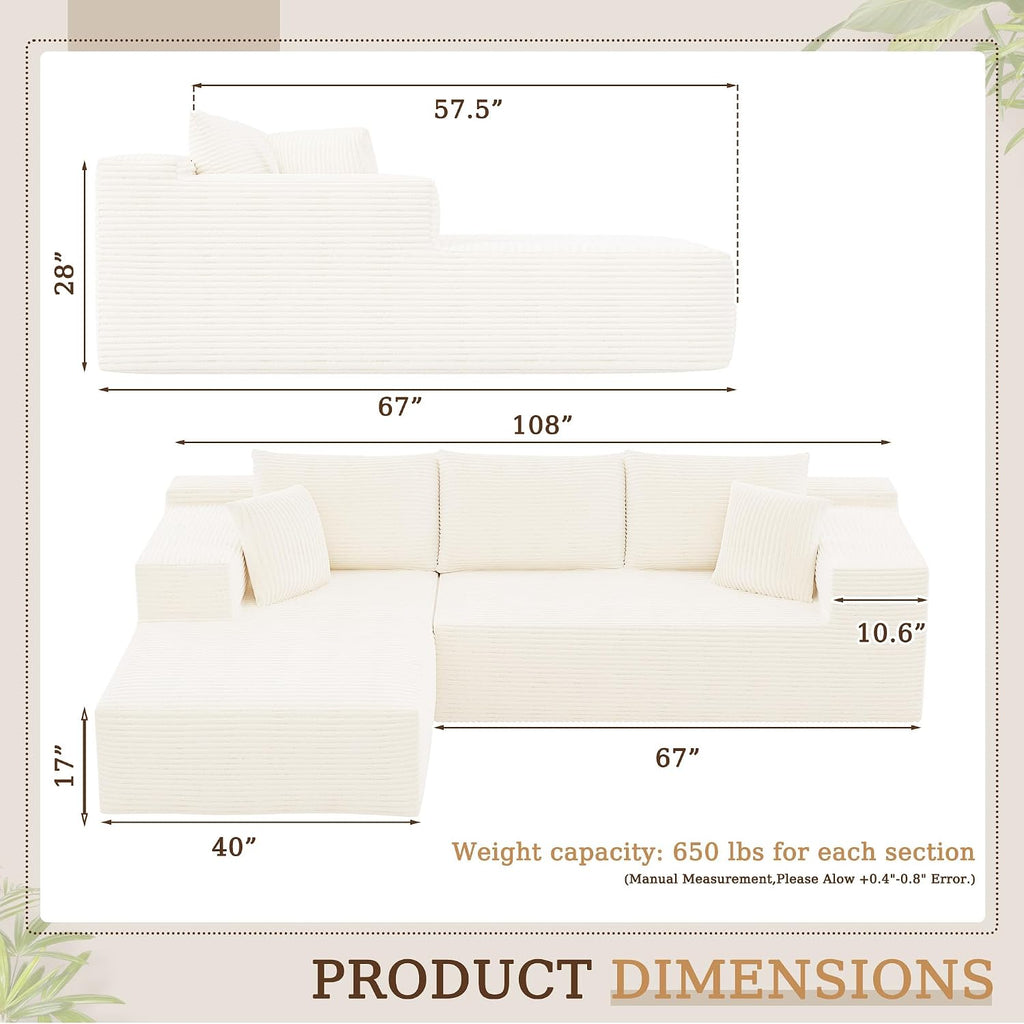 YESHOMY Boneless Couches for Living Room, 108' Sectional Modular Sectional Sofa with Deep Seat, Cloud Comfy Couch with L-Shape Chaise, Easy Assembly (Corduroy, Cream)