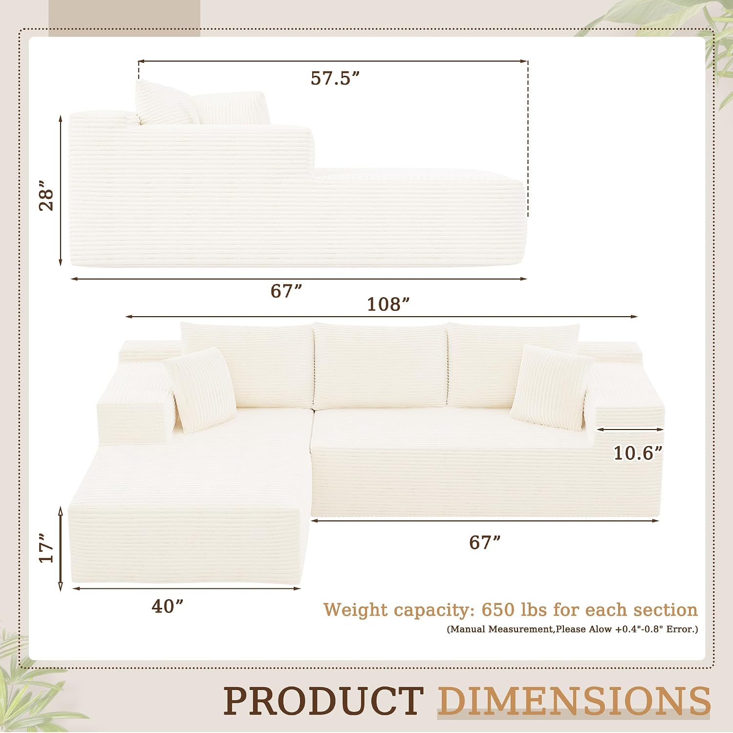 YESHOMY Boneless Couches for Living Room, 108' Sectional Modular Sectional Sofa with Deep Seat, Cloud Comfy Couch with L-Shape Chaise, Easy Assembly (Corduroy, Cream)