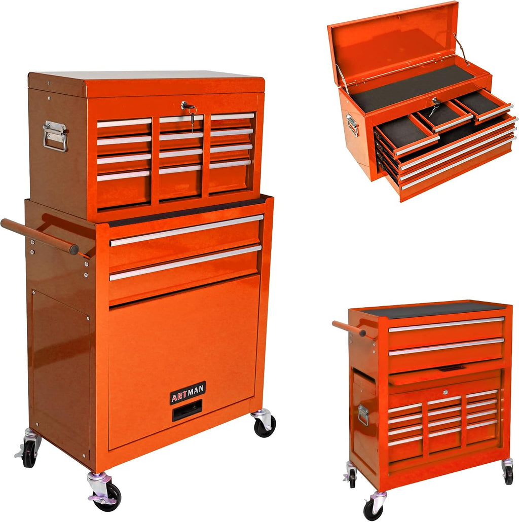8-Drawer Tool Chest,Rolling Tool Box with Detachable Top Toolbox & Key Lock,Tool Cabinet with Universal Lockable Wheels,Lock Bar,Protective Liner,Metal Storage Cart for Garage,Workshop (Orange)
