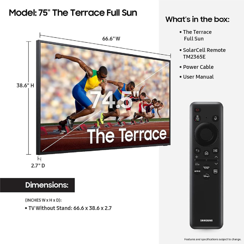SAMSUNG 75-Inch Class Neo QLED 4K The Terrace Full Sun, Neo Quantum HDR+, Dolby Atmos, Weatherproof, Outdoor TV, (QN75LST9DAFXZA, 2024) 65' & 75' The Terrace Wall Mount