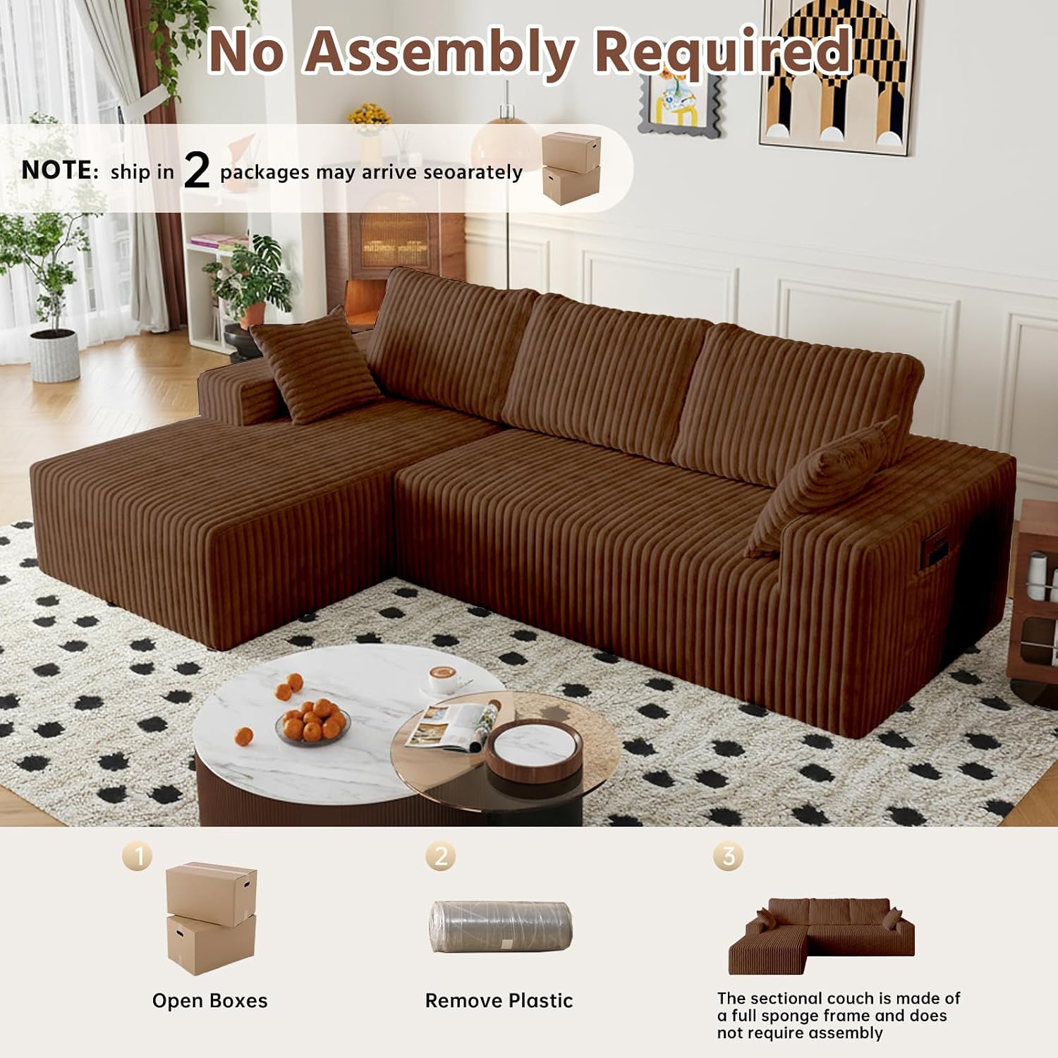 108' Brown Modular Sectional Cloud Couch for Living Room Deep Seat L Shapes Boneless Couch with Oversized Chaise Lounge, Comfy Memory Foam Flannel Fabric Sofa for Bedroom Apartment,