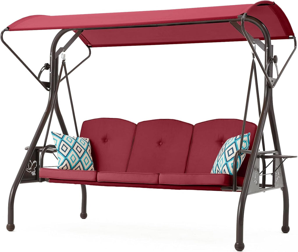 ZZW 800LBS Patio Swing with Canopy 3 Seat Outdoor Porch Swing with Stand w/Cup Holder & Pillow Glider Chair Swing Bed for Patio Backyard Poolside (Red)