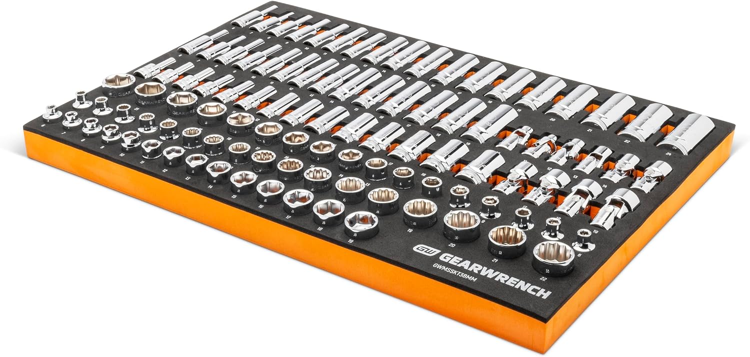 GEARWRENCH 104 Piece 3/8' Drive Master Metric Socket Set in Foam Storage Tray - GWMSSKT38MM