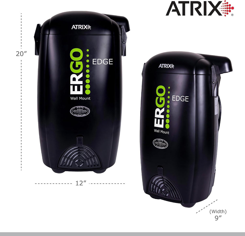 Atrix Ergo Edge Canister Shop Vac-Wall Mounted Garage Vacuum Cleaner with Built-in Dust Bag & Extendable Hose-Compact Black Design, 20 x 9 x 12