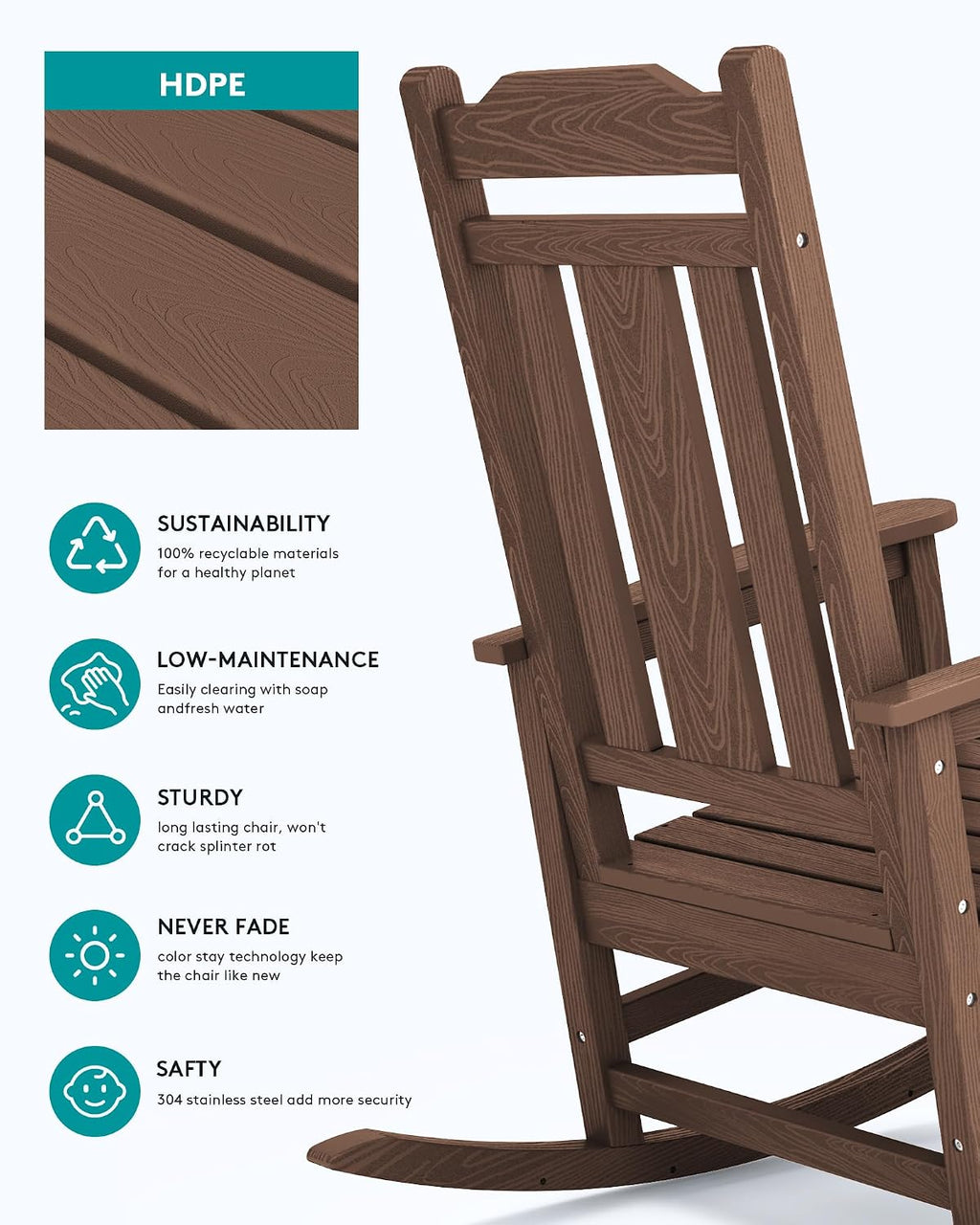 SERWALL HDPE Outdoor Rocking Chairs for Adults, Outdoor Rocking Chairs Set of 2, Patio Rocking Chair Sets, Coffee