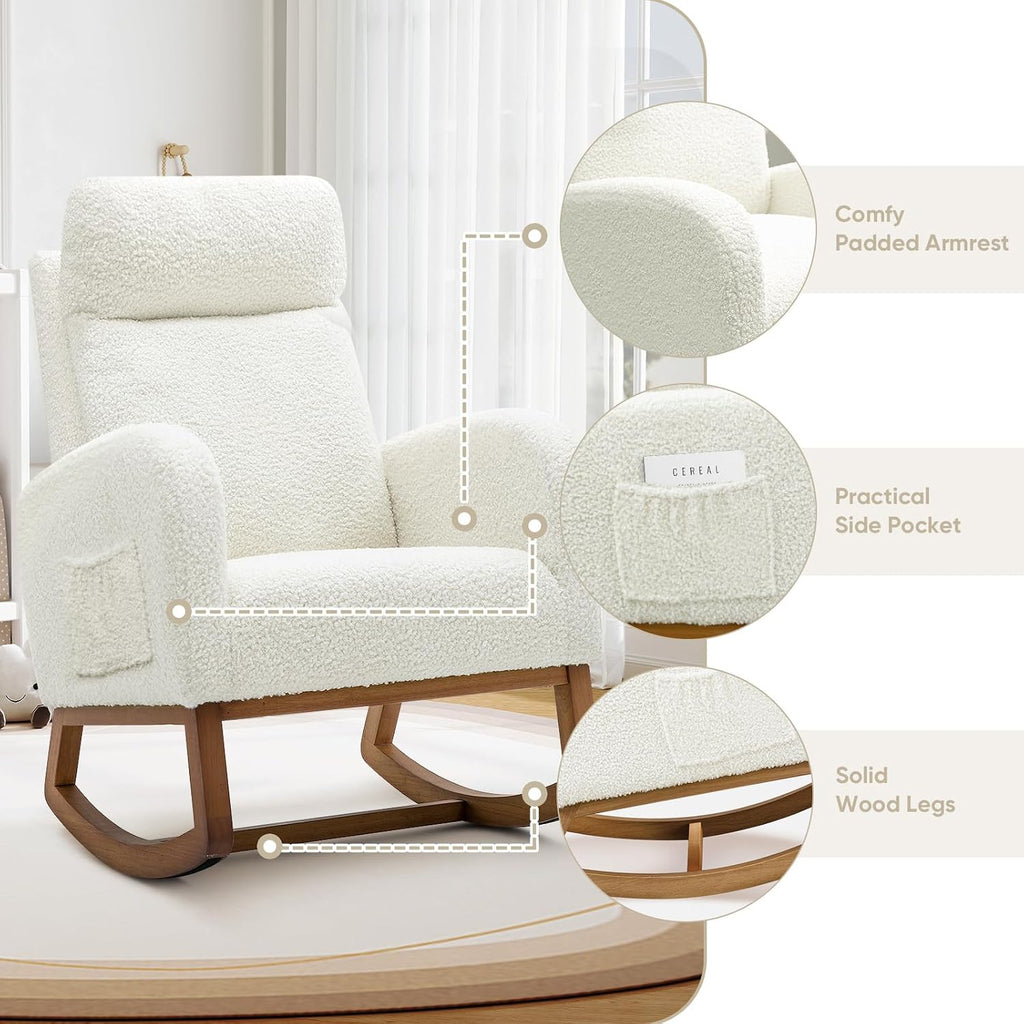 Nursery Rocking Glider Chair, Modern Fabric Tall Back Accent Rocker Chair Upholstered Arm Chair w/Side Pockets, Modern Leisure Single Sofa for Living Room, Hotel, Bedroom, Office, Cream
