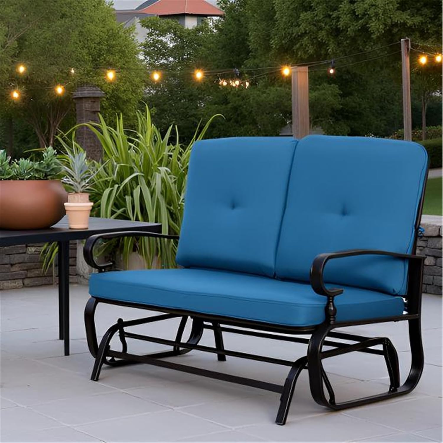 SUNCROWN Outdoor Swing Glider Chair, Patio 2 Seats Loveseat Rocking Chair with Cushions, Steel Frame Furniture - Peacock Blue