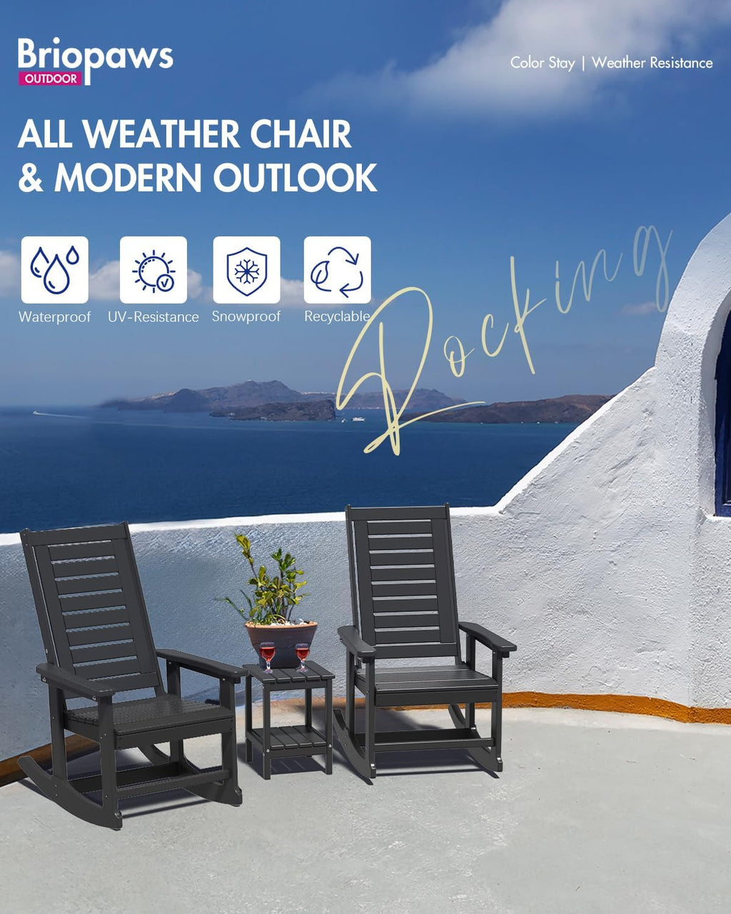 BRIOPAWS Outdoor Rocking Chairs | Set of 2 | Porch Rockers | HDPE Plastic| Black | Oversized | Patio Rocker Chair | High Back | for Big Man | Weather Resistant | for Outside Deck Balcony Backyard