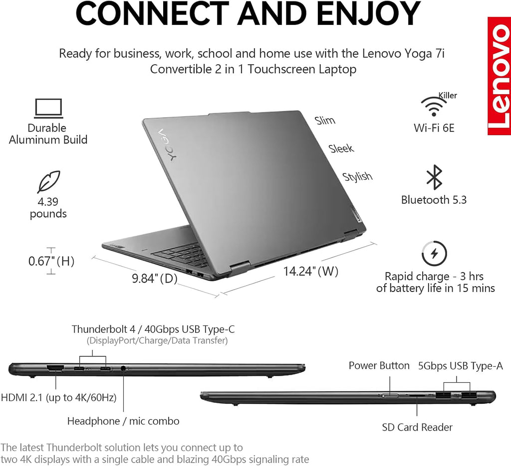 Lenovo 2025 Yoga 7i 2 in 1 Laptop Touchscreen|16' FHD+ 360 Foldable Touch Screen Convertible|Intel Core Ultra 7, 16GB DDR5 RAM 1TB SSD+512GB Portable SSD|Windows 11 Pro Lifetime Office|Backlit|FP