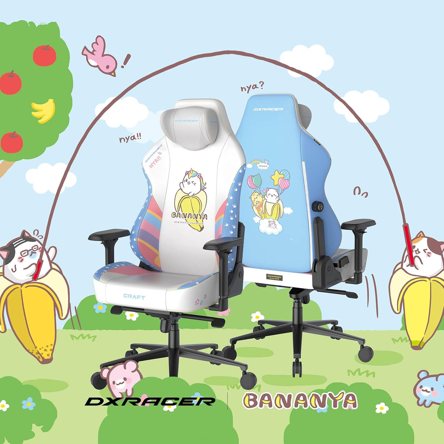 DXRacer Craft L Video Gaming Chair for Adults, Ergonomic Office Reclining Computer Chair with Magnetic Head Pillow and Lumbar Support, Racing Style Height Adjustable (EPU Leatherette, Bananya Cat)