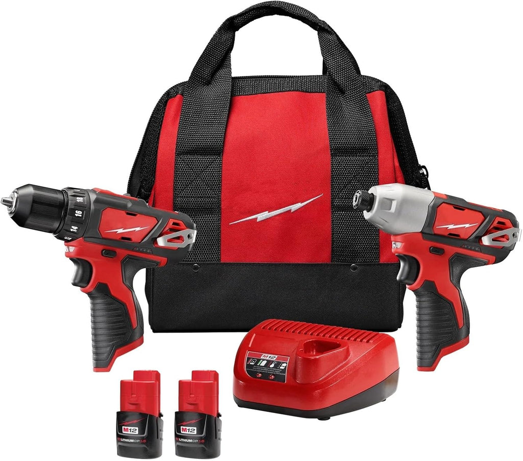 2494-22 for Milwaukee 12V M12 Cordless 2-Tool Combo Kit 2462-20 1/4' Hex Impact Driver 2407-20 3/8' Drill/Driver - Red/Black