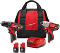 2494-22 for Milwaukee 12V M12 Cordless 2-Tool Combo Kit 2462-20 1/4' Hex Impact Driver 2407-20 3/8' Drill/Driver - Red/Black