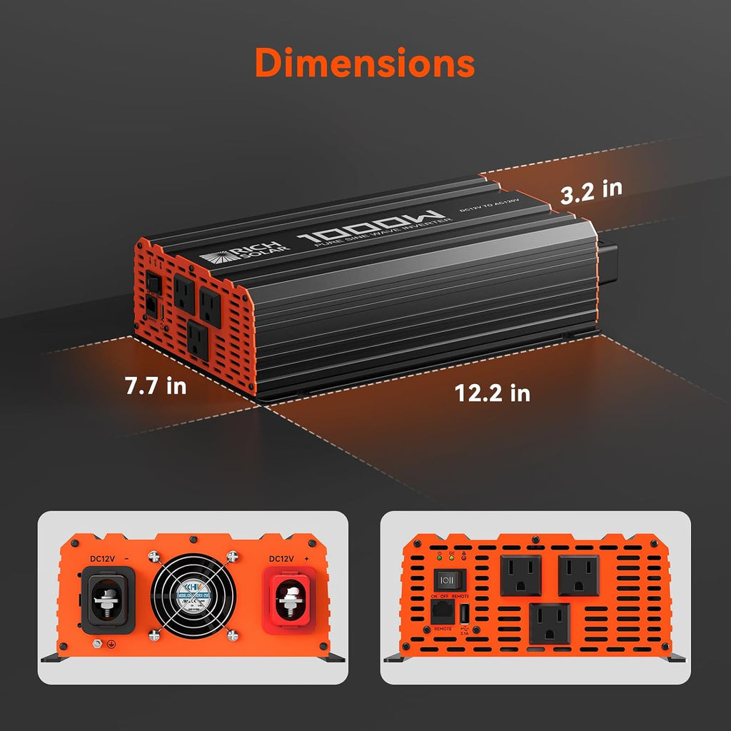 RICH SOLAR 1000 Watt 12 Volt Industrial Pure Sine Wave Inverter 12V DC to 110V AC Converter for RV Trailer Marine Off Grid Home