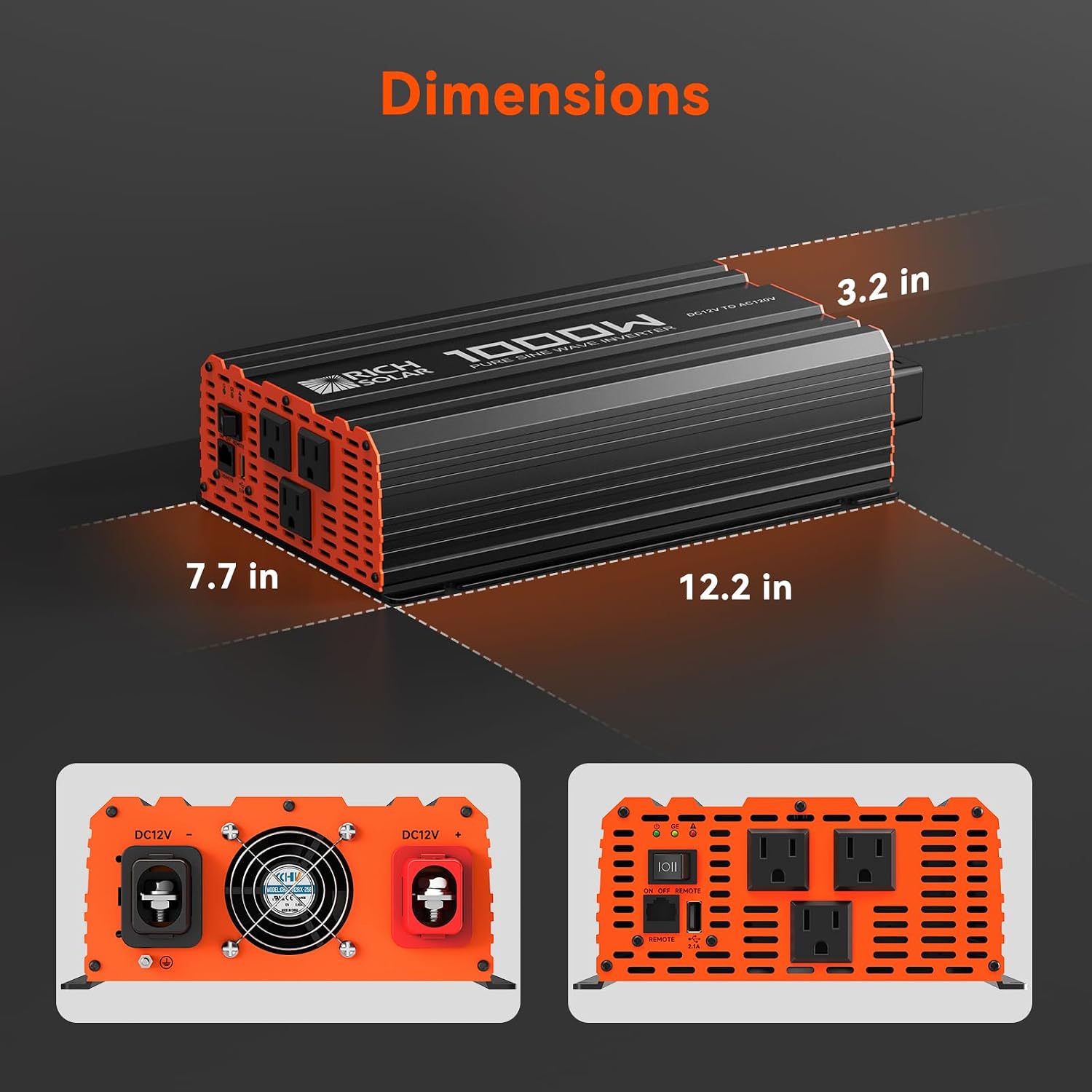 RICH SOLAR 1000 Watt 12 Volt Industrial Pure Sine Wave Inverter 12V DC to 110V AC Converter for RV Trailer Marine Off Grid Home