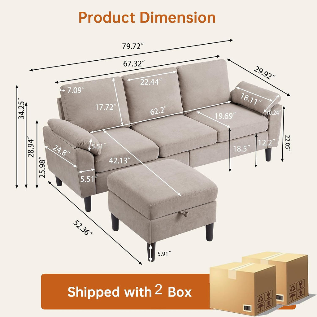 Convertible Sectional Sofa Couch with Ottoman, 79' Modern L Shaped 3 Seat Sofa, Linen Fabric Small Sectional Couch with Movable Storage Ottoman for Small Spaces Living Room (Beige)