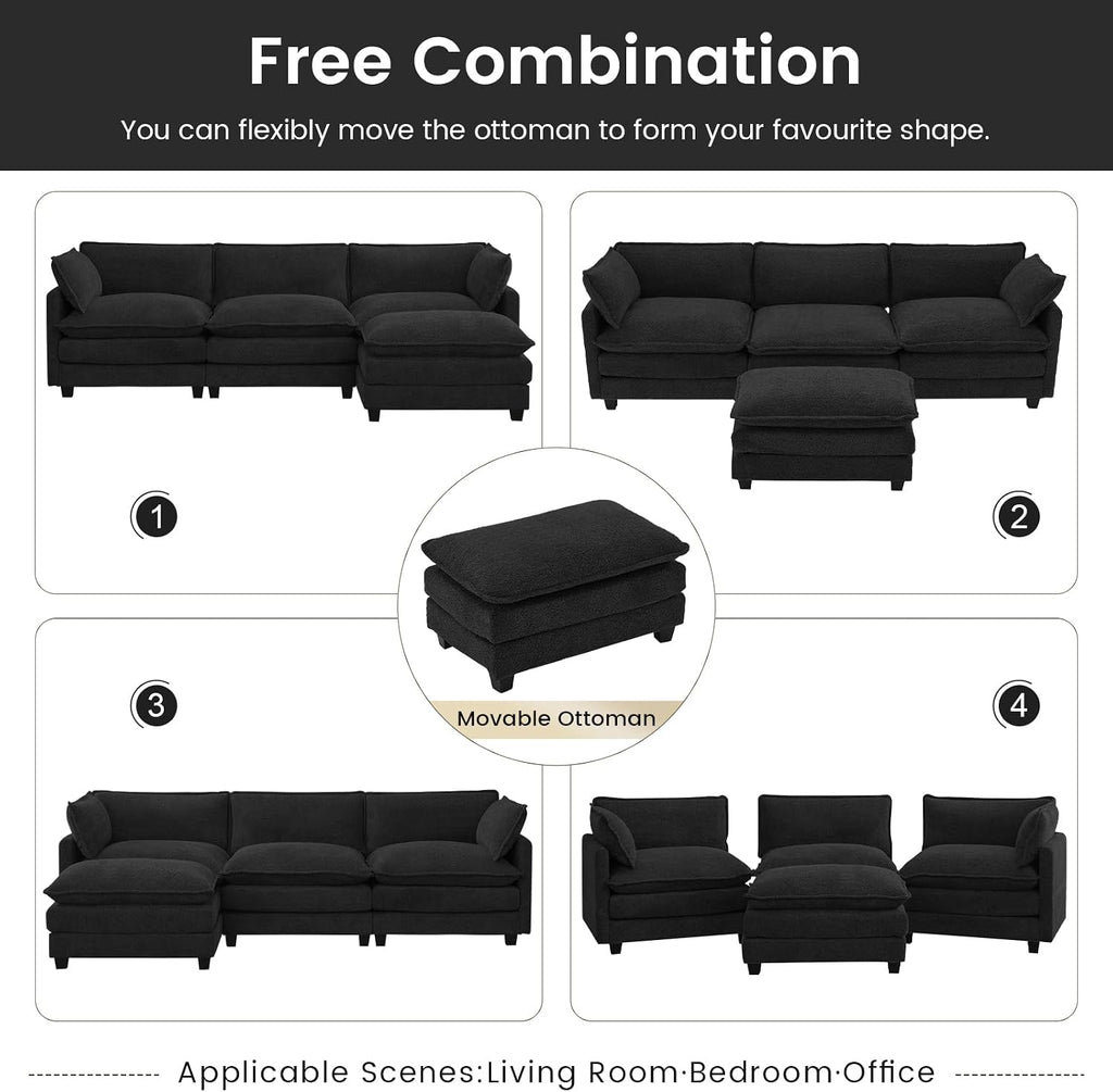 ROWHY Oversized Modular Sectional Couch with Movable Ottoman, 112' Modern Convertible L Shaped Sofa Set, 4 Seat Comfy Cloud Couch with 2 Throw Pillows, for Living Room and Office, Chenille, Black