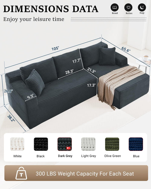 105 Inch Cloud Sectional Couch,Modern Modular Sectional Sofa with Deep Seat,Corduroy Boneless Couches with L-Shape Chaise for Living Room Bedroom,No Assembly Required (Dark Grey, Right Facing Chaise)