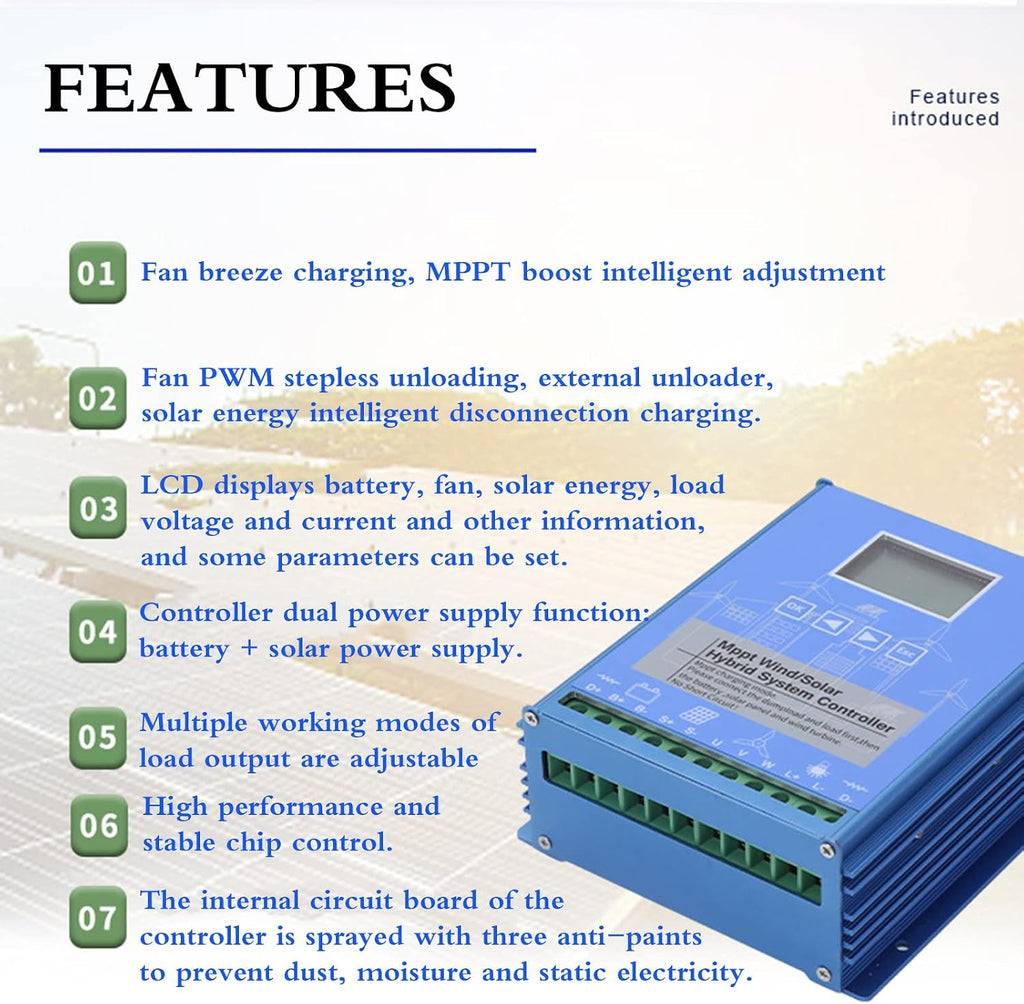 Wind Solar Hybrid Controller 3000W,with Dump Load Wind Turbine Generator Solar Panel 12V 24V 48V Battery Auto Mppt Charge Boost Charging Regulator Off Grid System,12V