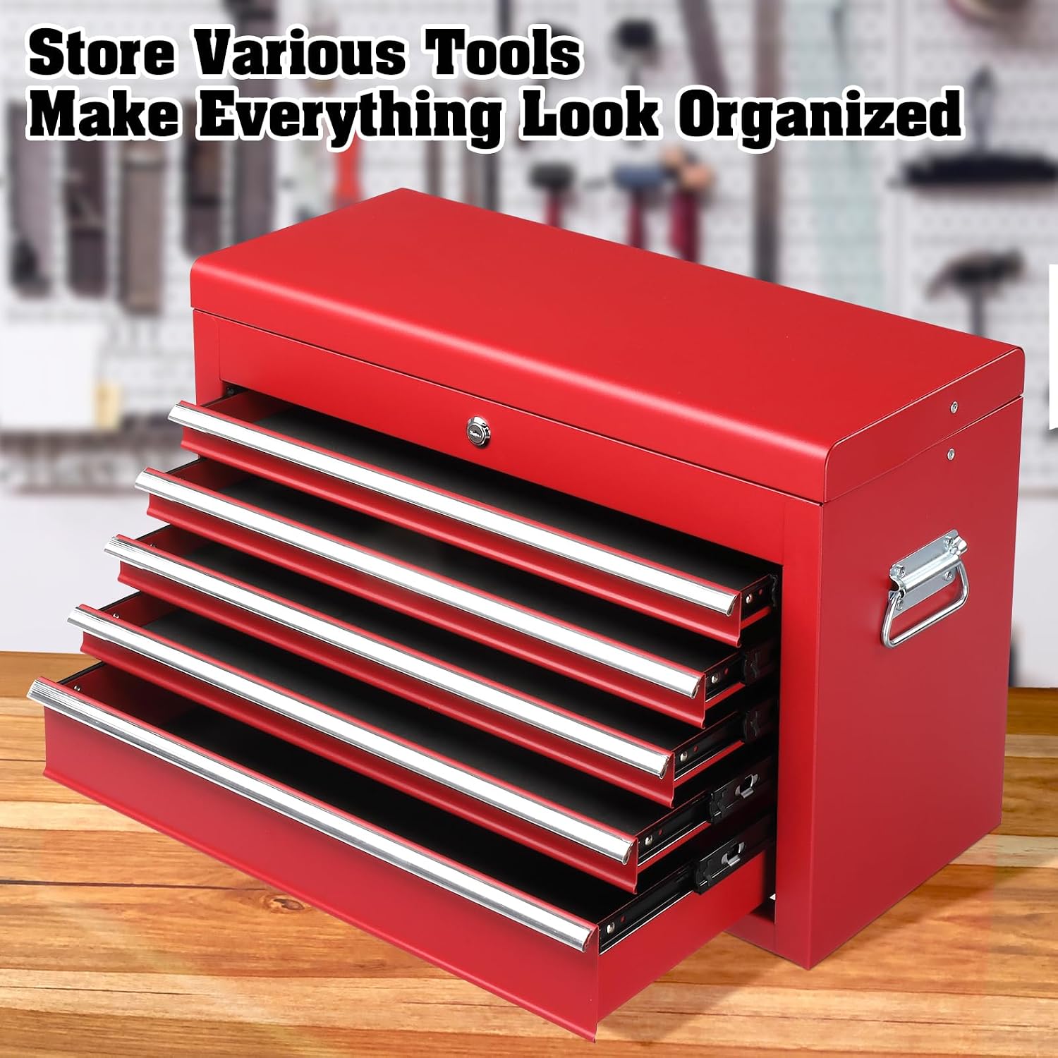 Winado 24' Metal Tool Box, Portable 5 Drawers Toolbox with Top Storage Tray, Carry Handle, Ball Bearing Runners, Lockable Tool Chest Cabinet for Garage, Warehouse, Repair Shop & Home, Red