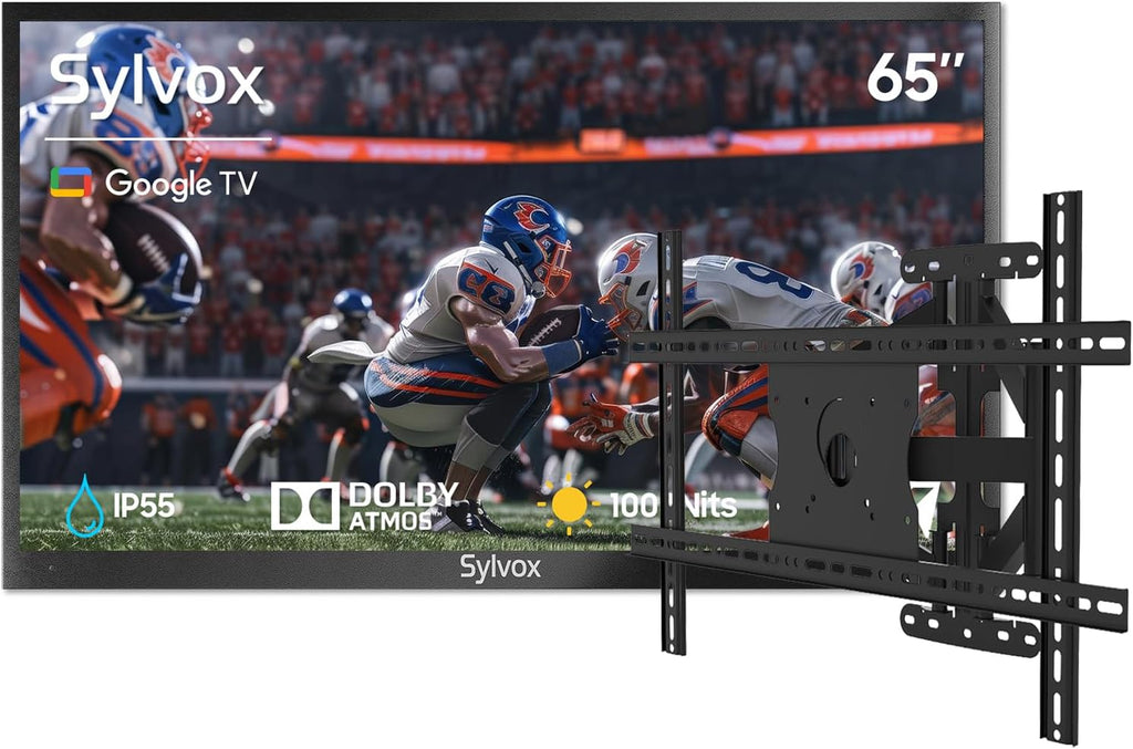 SYLVOX 65' Outdoor TV + Wall Mount Bundle, 4K HDR Waterproof Smart TV (Deck Pro 3.0) with Weatherproof Full-Motion Wall Mount, 1000 Nits, Voice Remote, for Partial Sun Patio