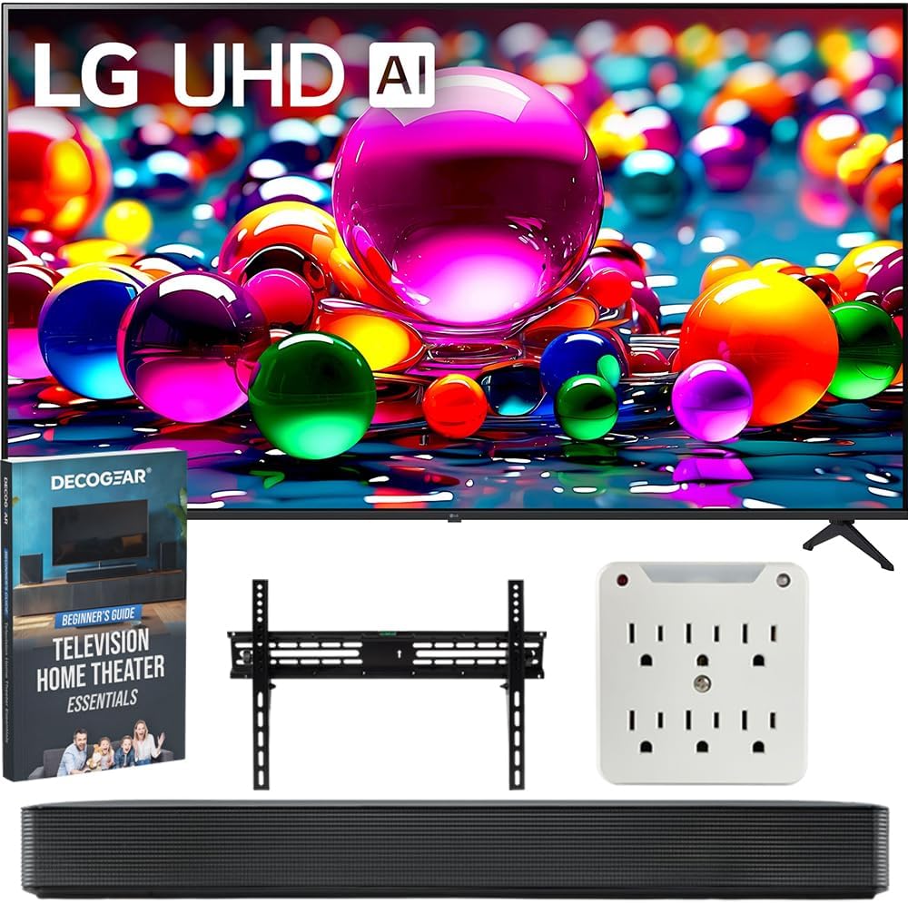 LG 65UA7700PUB 65 Inch UA77 LED AI 4K UHD Smart webOS TV 2025 Bundle with SKM1 2.0 Ch. Soundbar, 37'-70' TV Wall Mount, 6-Outlet Surge Adapter & Deco Gear Complete Home Theater Beginner's Guidebook