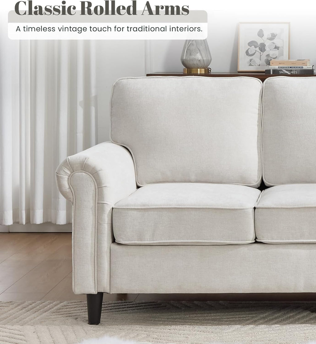Kingfun 3 Seater Couch, Mid Century Modern Sofa with Rolled Arms and Deep Seats, Fluffy Comfort for Living Room, Apartment, Easy Assembly, Beige