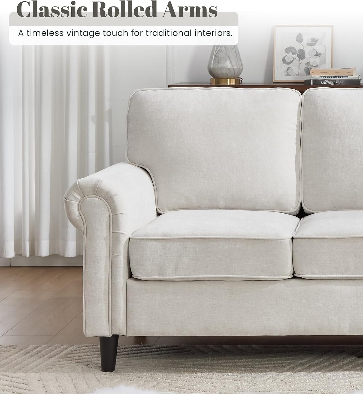 Kingfun 3 Seater Couch, Mid Century Modern Sofa with Rolled Arms and Deep Seats, Fluffy Comfort for Living Room, Apartment, Easy Assembly, Beige