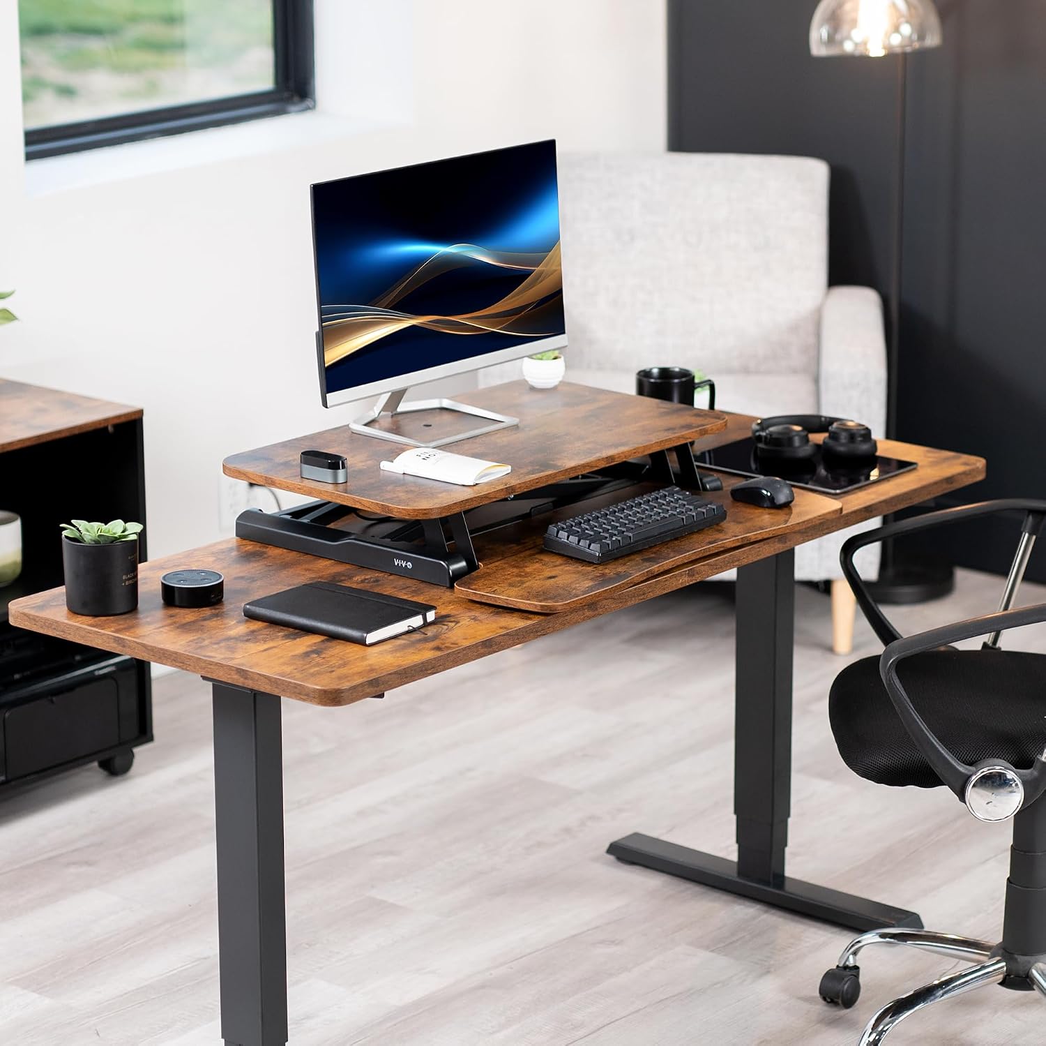 VIVO 28 inch Desk Converter, K Series, Height Adjustable Sit to Stand Riser, Dual Monitor and Laptop Workstation with Keyboard Tray, Rustic Vintage Brown Top, Black Frame, DESK-V028KN