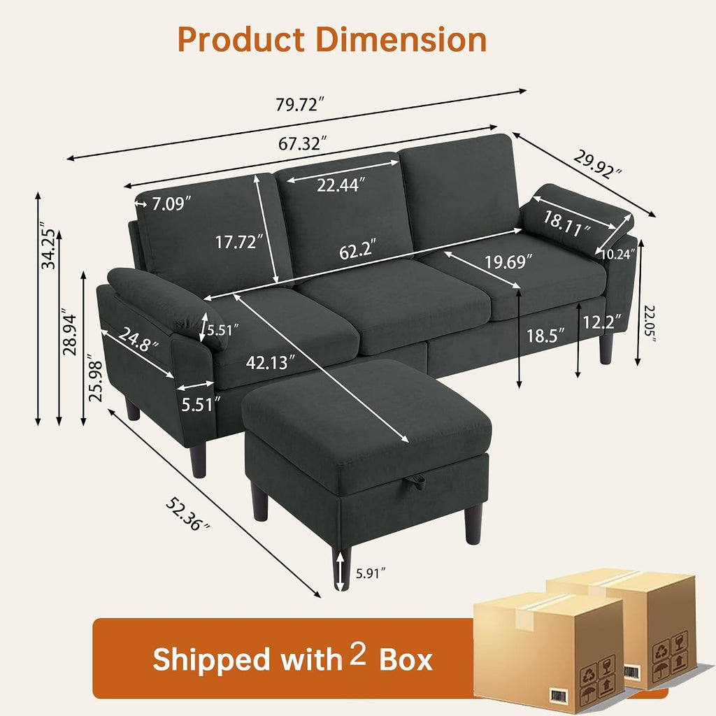 Convertible Sectional Sofa, Modern L Shaped 3-seat Sofa, 79' Linen Fabric Small Sectional Couch with Movable Ottoman, Couch for Small Spaces Living Room (Black)