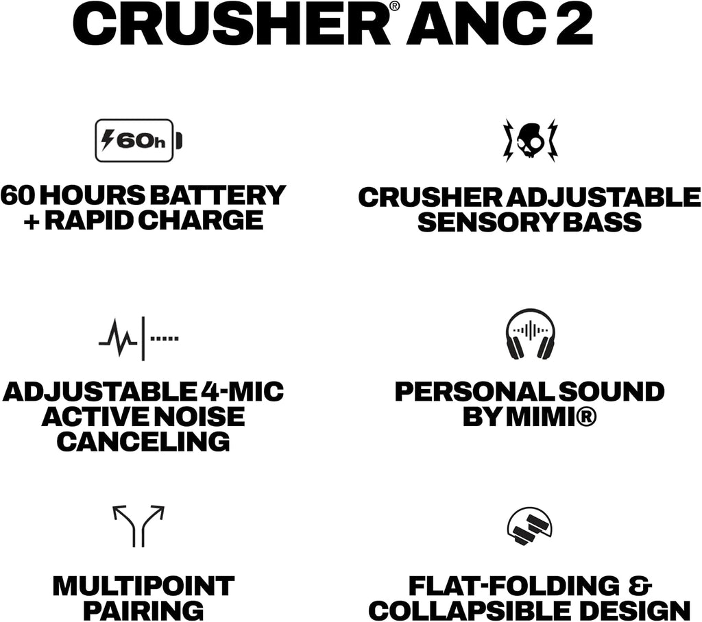 Skullcandy Crusher ANC 2 Wireless Over-Ear Bluetooth Headphones with Multi-Sensory Bass, Active Noise Cancelling, Up to 60 Hours Battery, Microphone for iPhone Android - Hazard