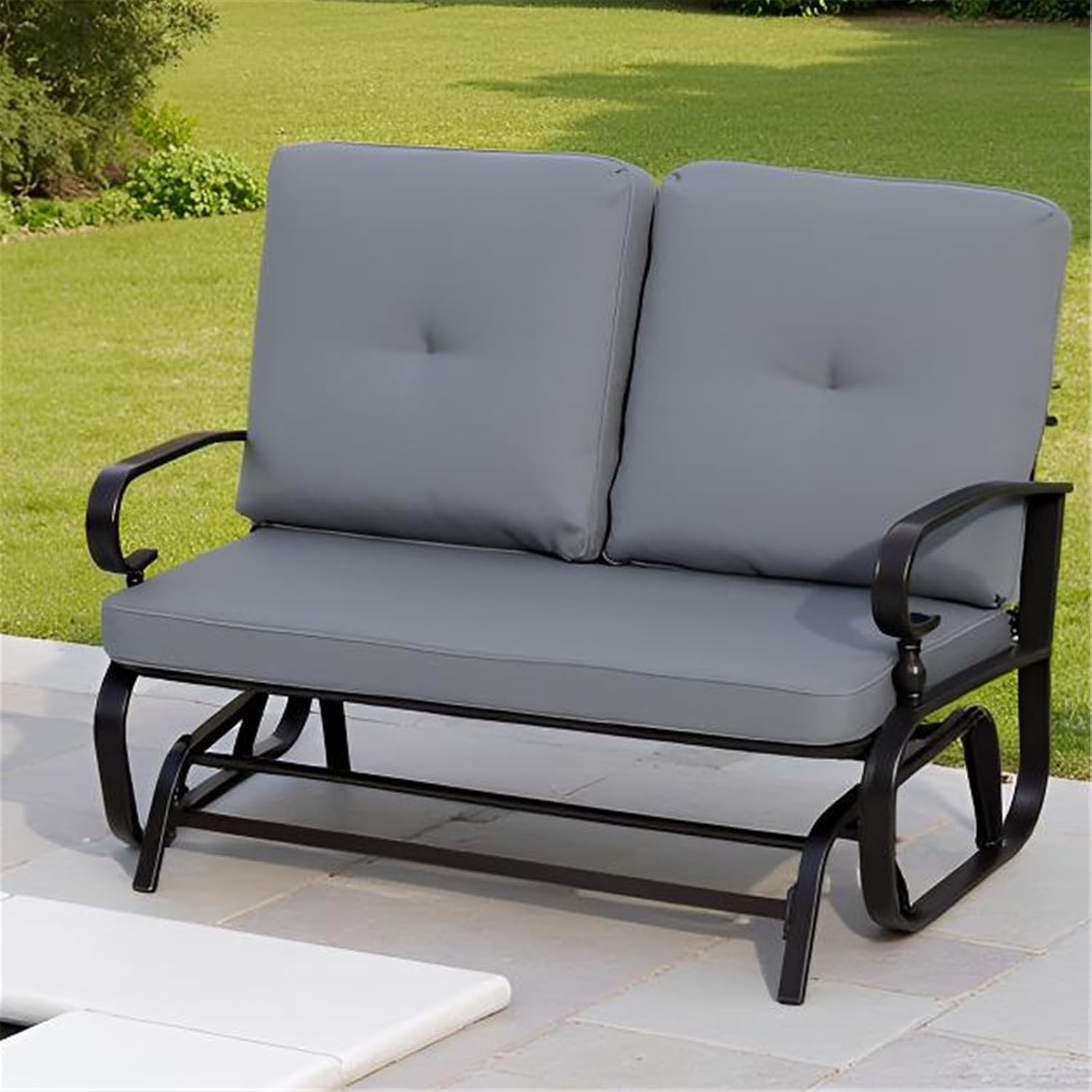 SUNCROWN Outdoor Swing Glider Chair, Patio 2 Seats Loveseat Rocking Chair with Cushions, Steel Frame Furniture Garden Seating with Cushion - Grey