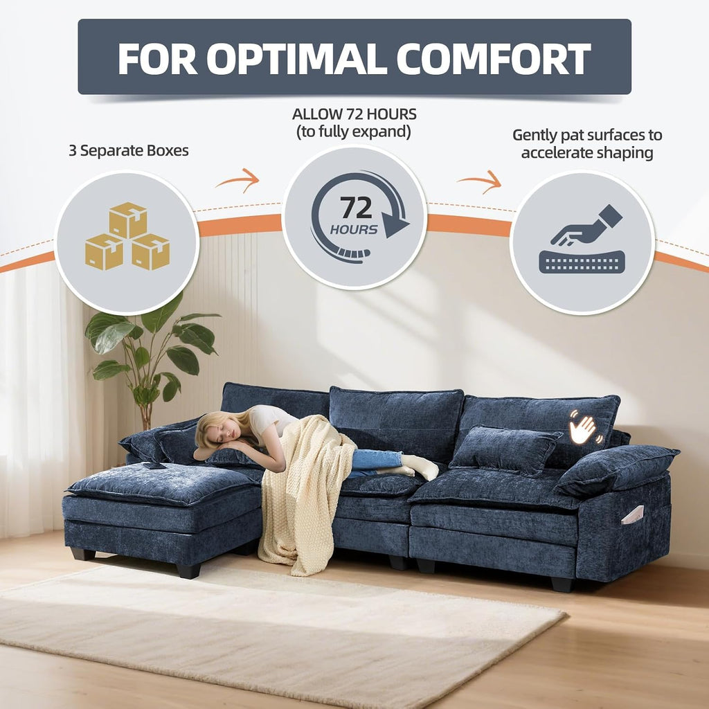 108' Modular Sectional Sofa, Comfy Cloud Couch with Ottoman & USB Port for Living Room, L Shaped Modern Chenille Couches for Bedroom, Apartment, Blue