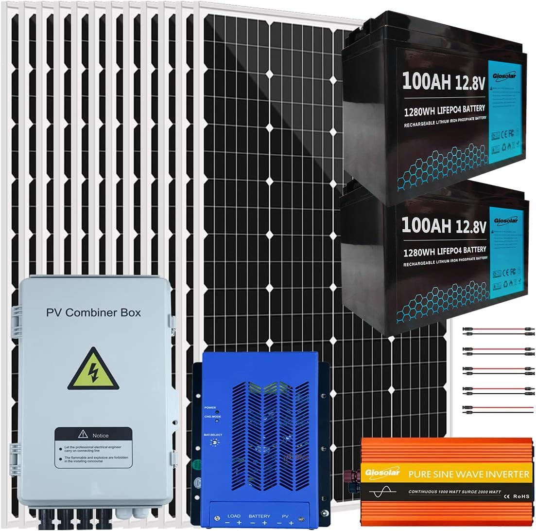 1440W Off Grid Solar Panel Kit 24V Complete Solar System with 12pcs 120W Solar Panel and 3000W Inverter and 4 String Combiner Box and 60A MPPT Charge Controller and 2pcs 100AH Battery