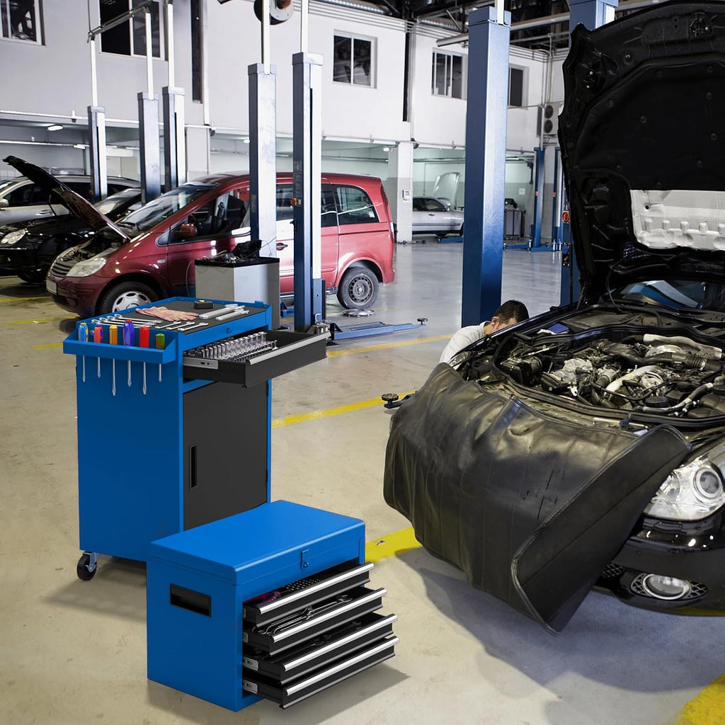 Goplus Rolling Tool Chest, 5-Drawer Tool Box Organizer w/Lockable Wheels & Sliding Drawers & Detachable Top & Adjustable Shelf, Tool Storage Cabinet for Garage Workshop (Blue)