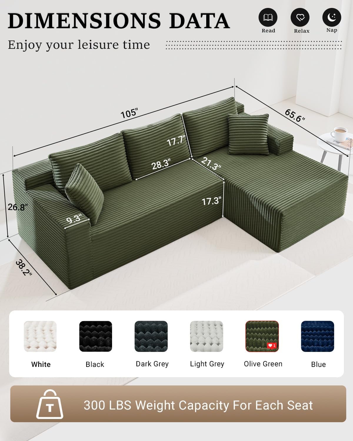 105 Inch Cloud Sectional Couch,Modern Modular Sectional Sofa with Deep Seat,Corduroy Boneless Couches with L-Shape Chaise for Living Room Bedroom,No Assembly Required (Green, Right Facing Chaise)