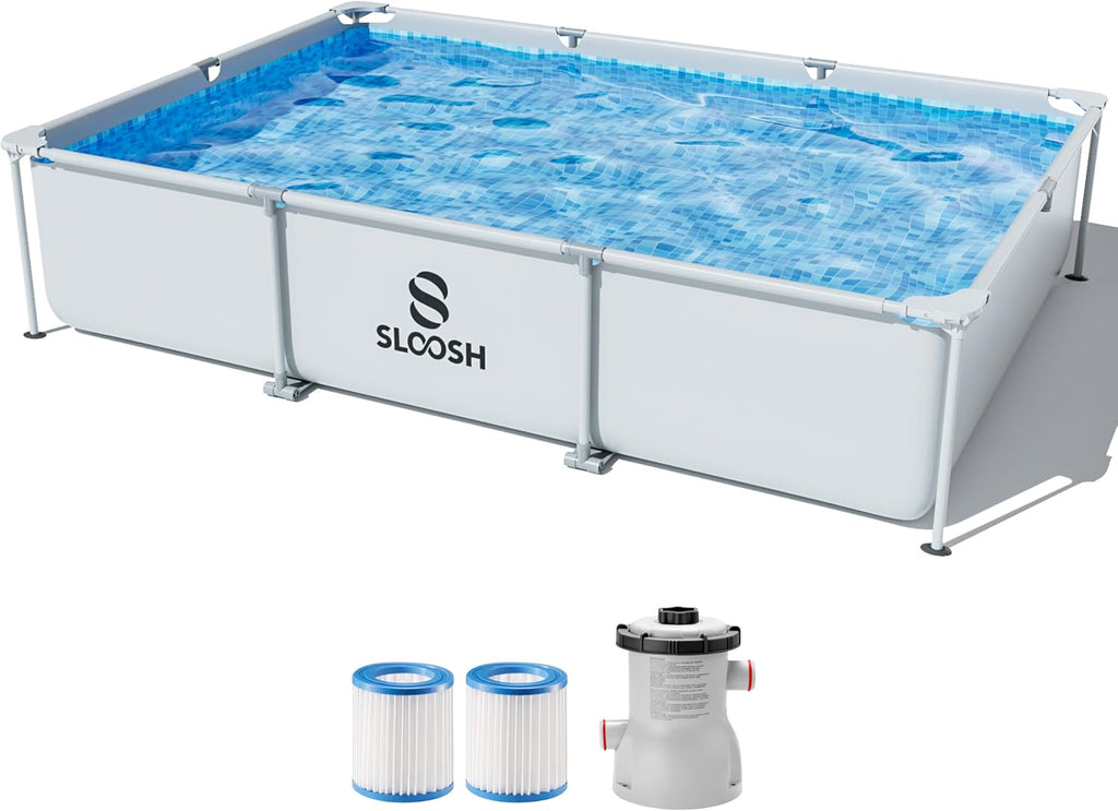 SLOOSH Rectangular Above Ground Pool - 10ft x 6.8ft x 26inch Outdoor Frame Above Ground Swimming Pool Set Kiddie Pool for Kids Adults with Filter Pump